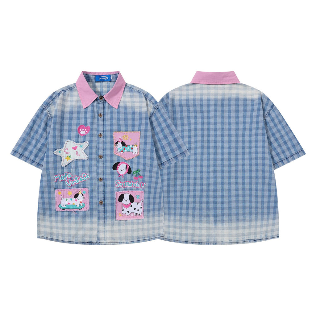 Sticky dog embroidery short sleeved shirt