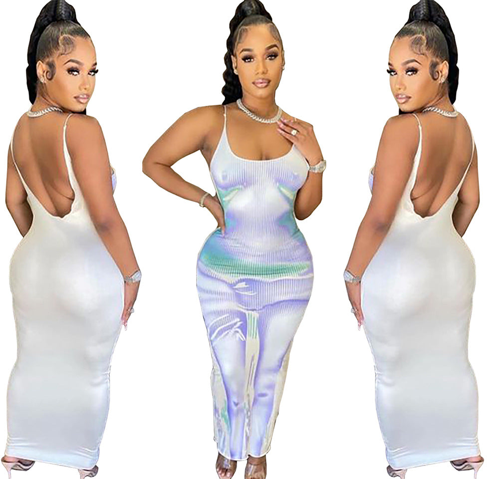 Fashion Sexy Printed Backless Strap Dress Women Long Dress