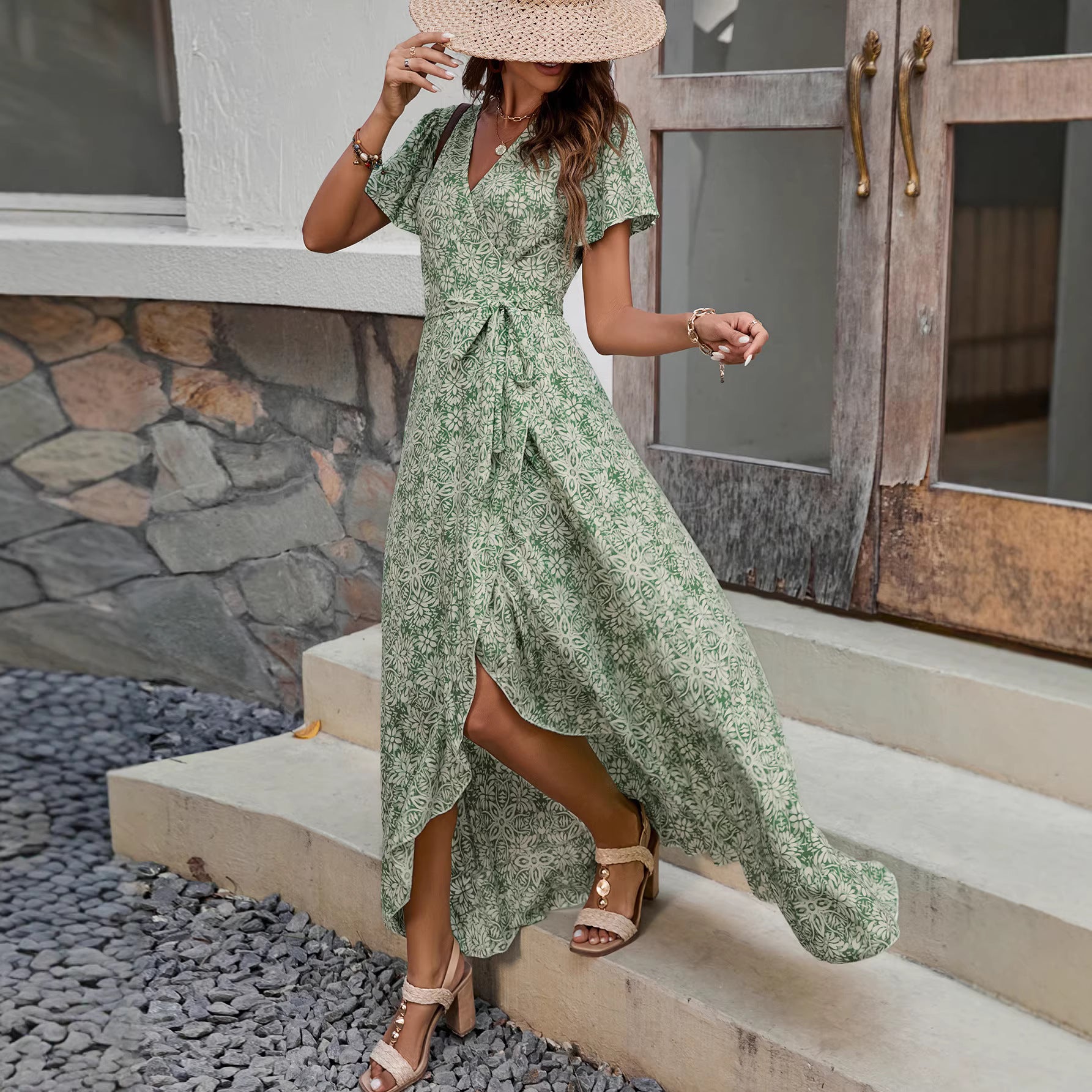 V-neck short sleeved irregular floral dress