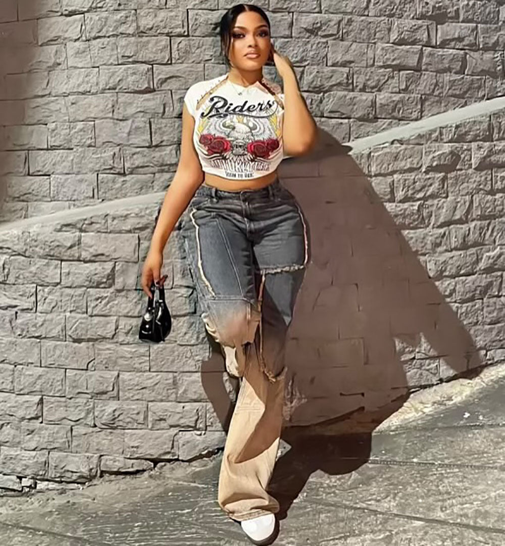 Jean dégradé patchwork coloré streetwear femme