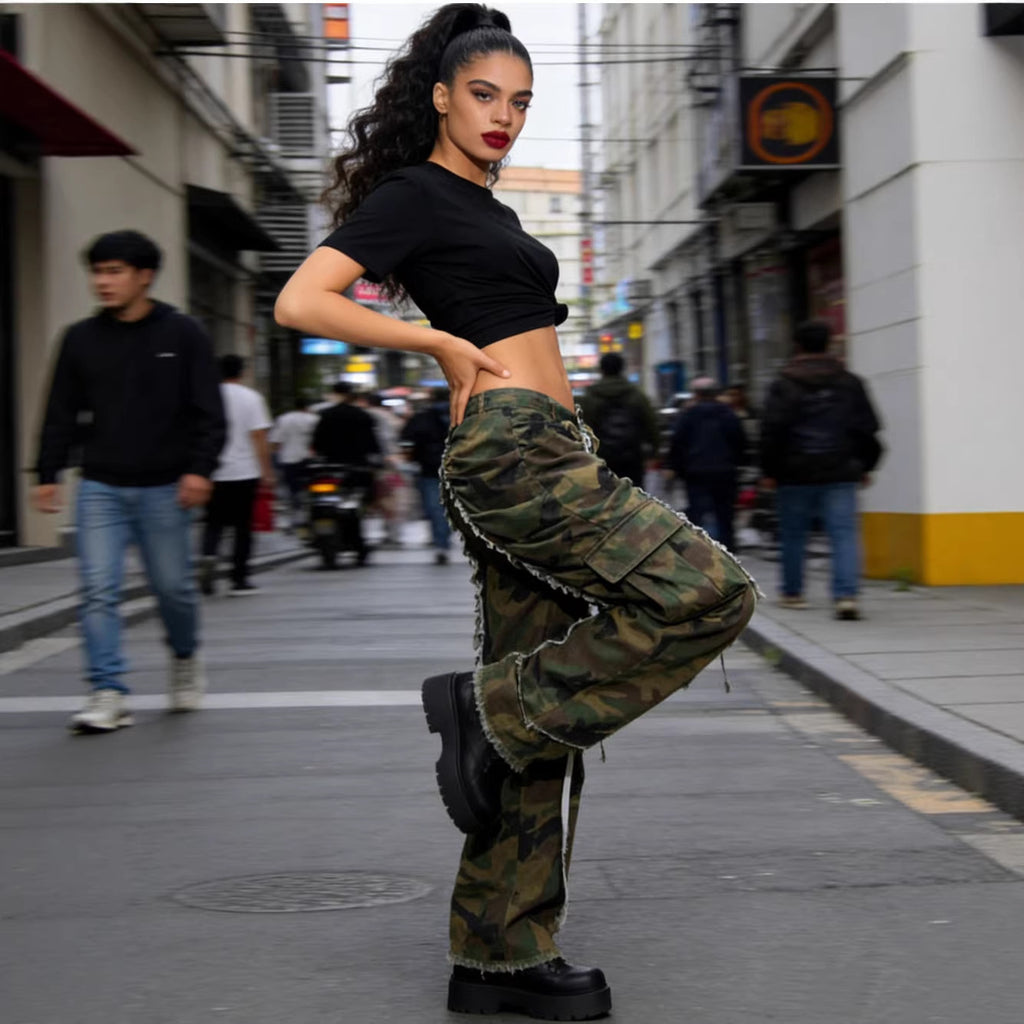 Women's Camouflage Jeans Fashionable Personality Pocket Pleated Fleece-Edge Casual Pants