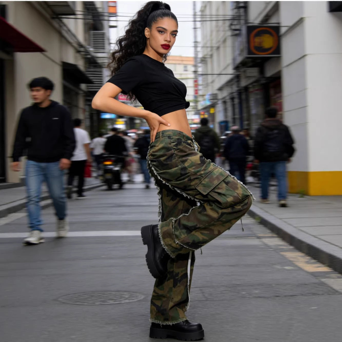 Women's Camouflage Jeans Fashionable Personality Pocket Pleated Fleece-Edge Casual Pants