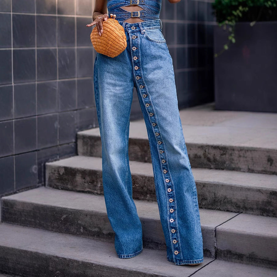 High Waist Heavy Wash Multi-Button Denim Pants