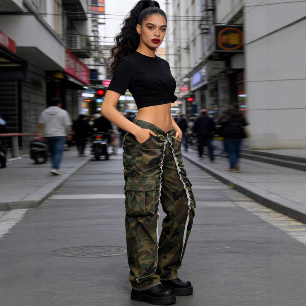 Women's Camouflage Jeans Fashionable Personality Pocket Pleated Fleece-Edge Casual Pants