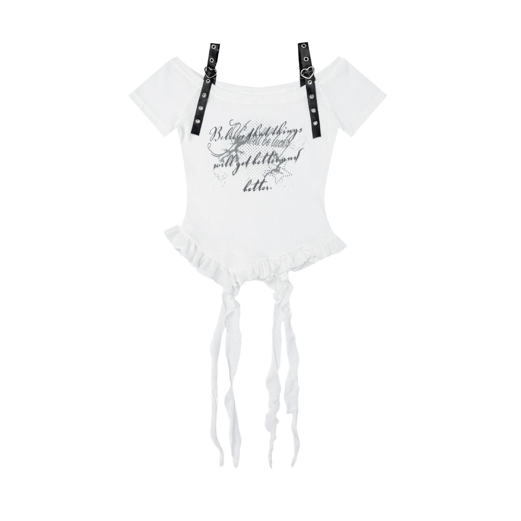 T-shirt épaule dénudée clous et imprimé lettres femme