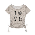 Polka Dot Heart Letter Drawstring Short Sleeve T-Shirt for Women, Vintage Dye Slim Fit Crop Top