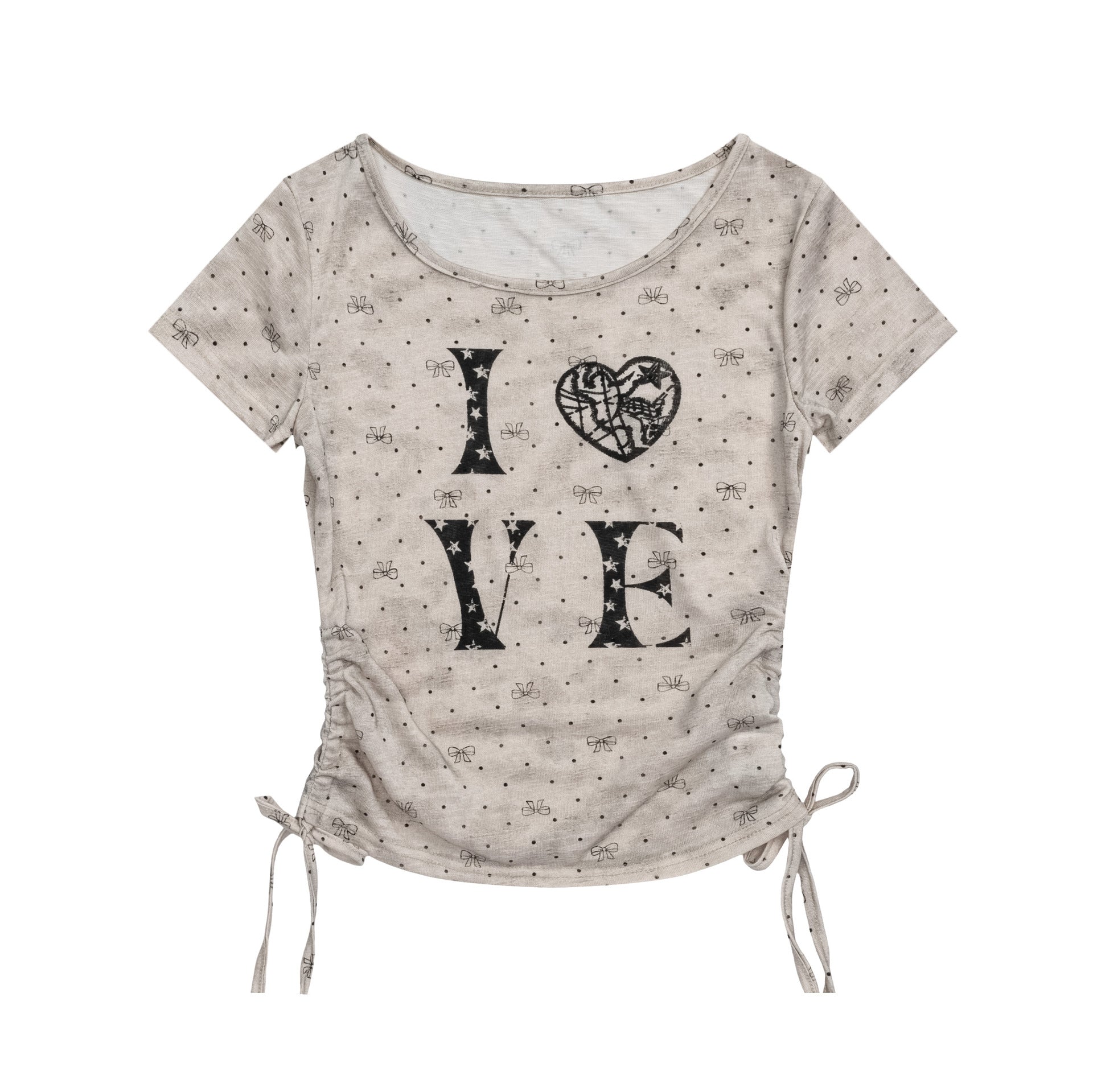 Polka Dot Heart Letter Drawstring Short Sleeve T-Shirt for Women, Vintage Dye Slim Fit Crop Top