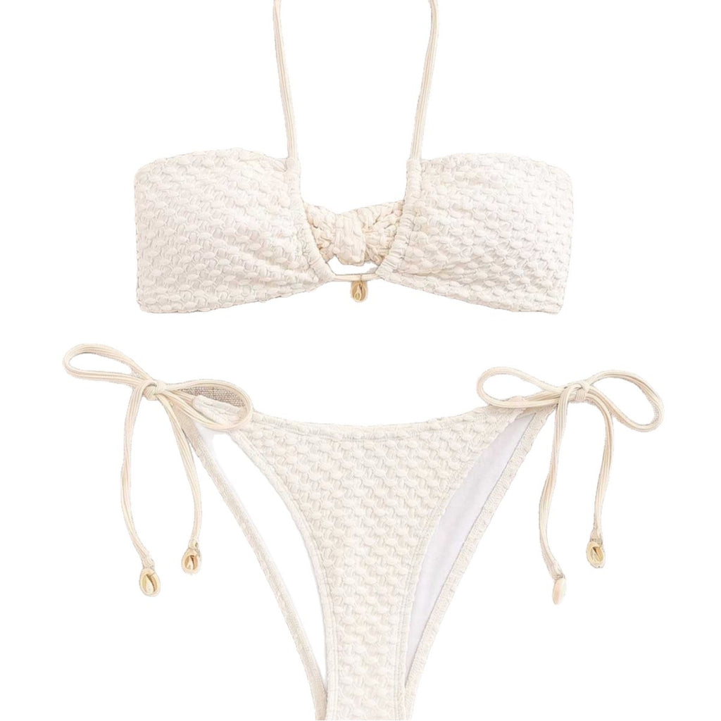 Hanging neck and tie up split swimsuit