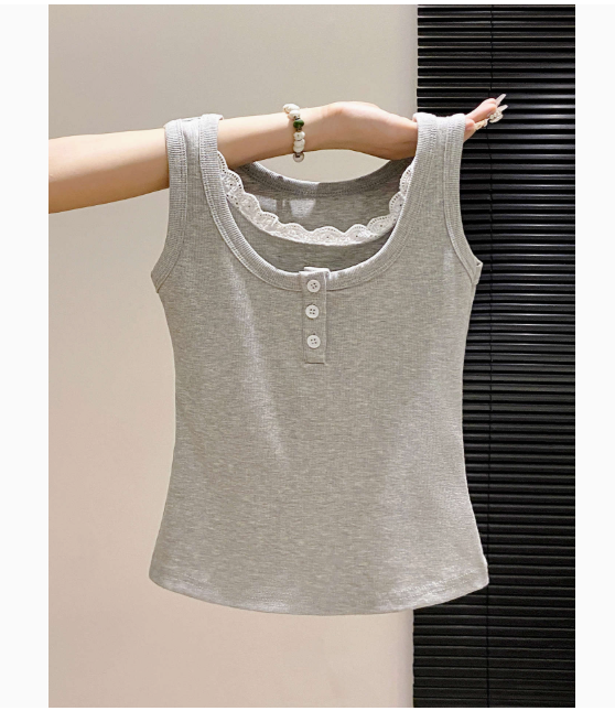 Gray Lace Buttoned Tank Top for Women