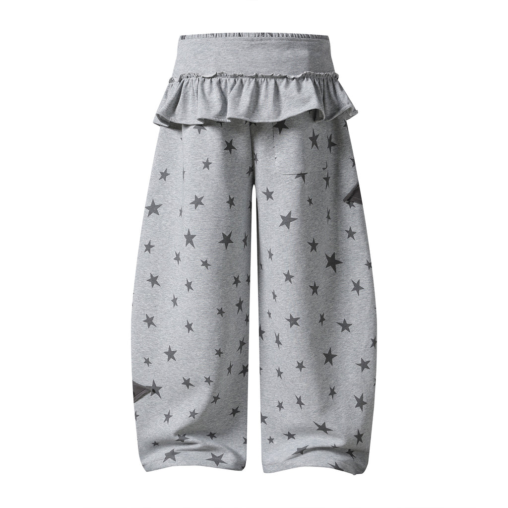 Design Leaf Hem Waist Star Print Sweatpants Loose Wide Leg Casual Long Pants