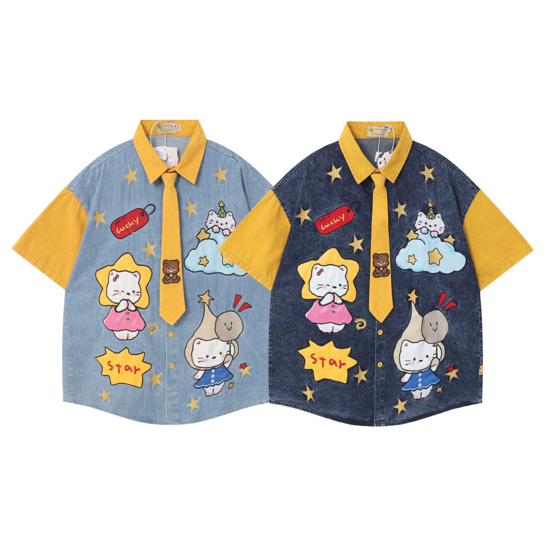 T-shirt manches courtes brodé patch chat femme