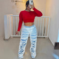 Straight Leg Jeans Women Fashion Double-Layer Washed Distressed Casual Pants