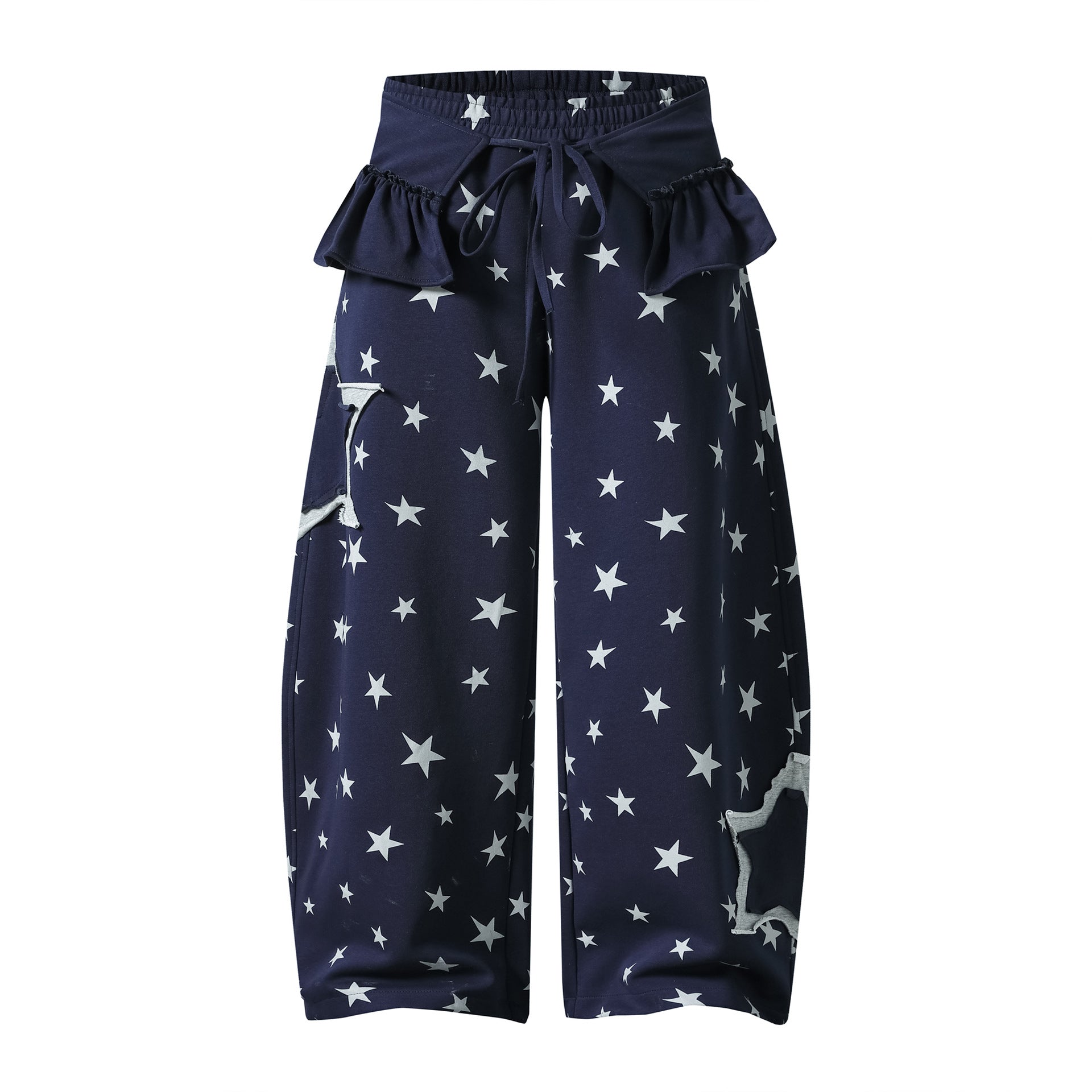Design Leaf Hem Waist Star Print Sweatpants Loose Wide Leg Casual Long Pants