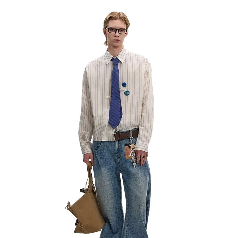 Long Sleeve Vertical Stripe Shirt Men's Loose Casual Shirt Jacket