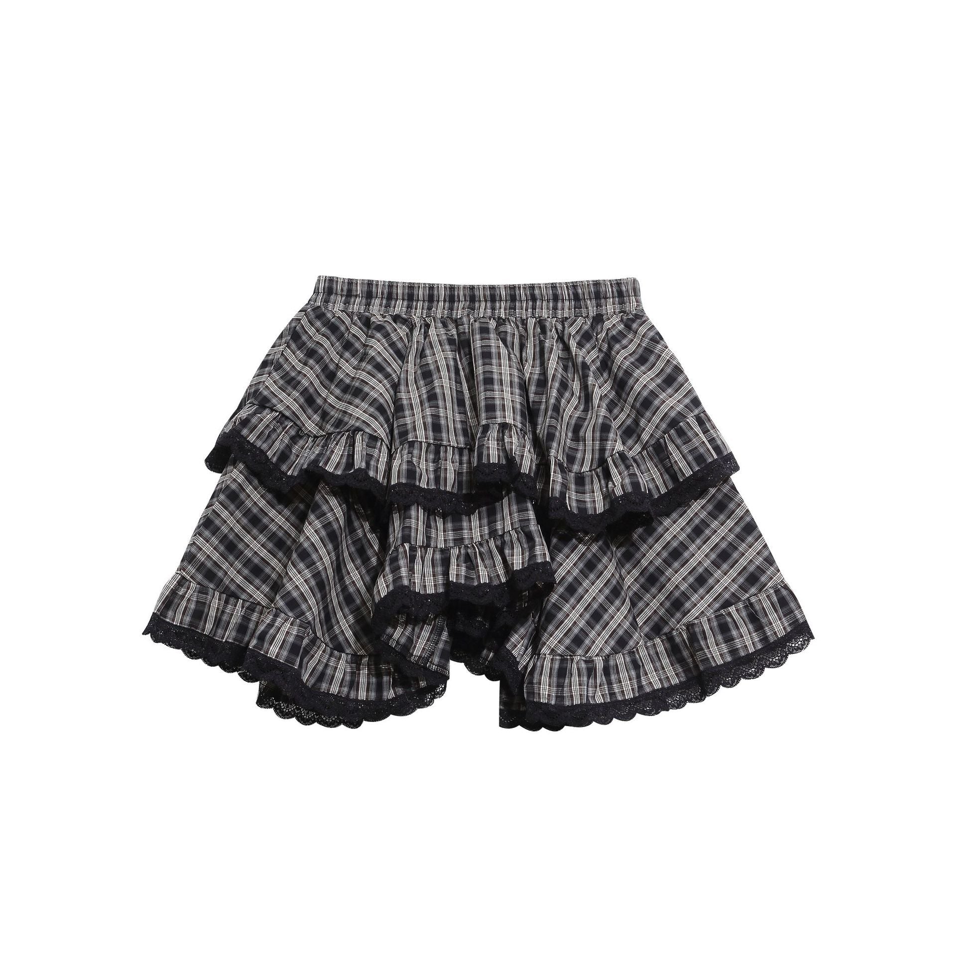 Heavy Black Lace Patchwork Plaid Skirt, Layered Ruffle Versatile Mini Skirt