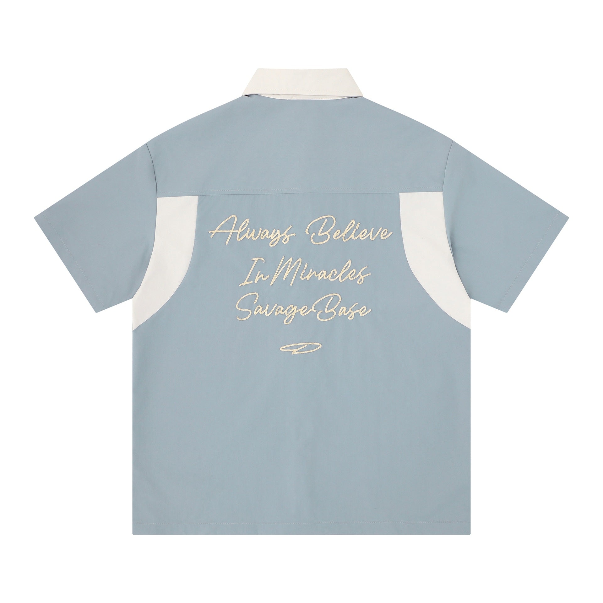 Embroidered letters contrasting colors short sleeves