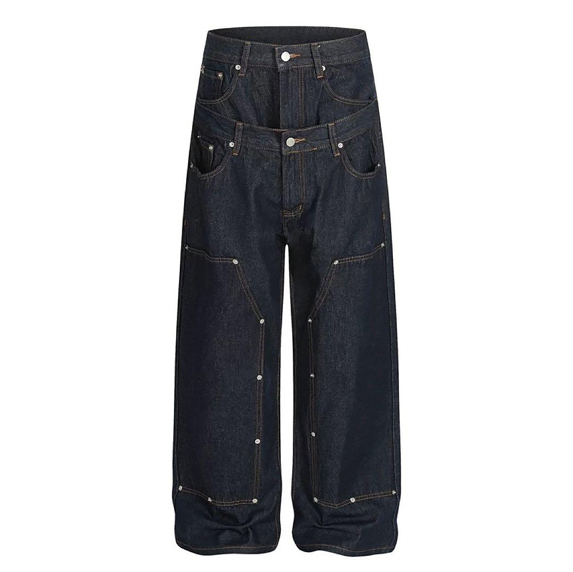 NewDouble Waistband Rivet Spliced Denim Pants