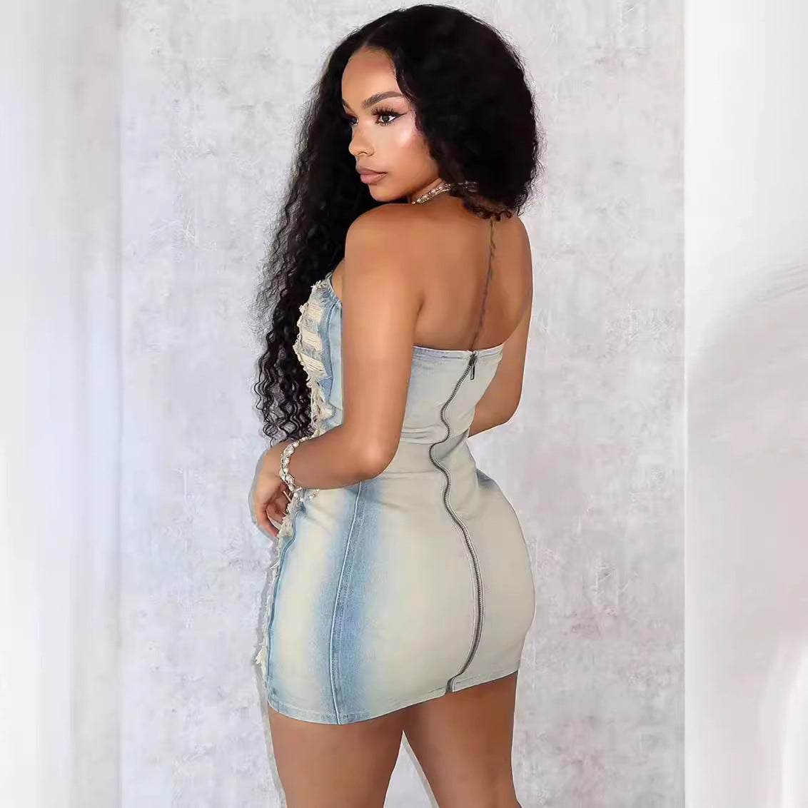 Style Women's Denim Dress, Sexy Streetwear Mini Dress, Washed Hand-Scraped Denim Skirt