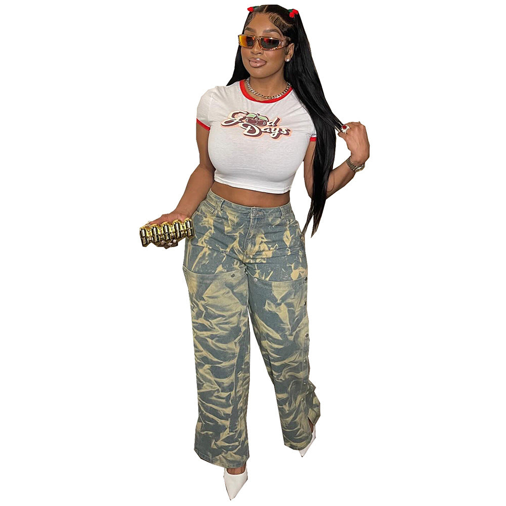 Casual Wide-Leg Jeans for WomenStreet Vintage Washed Dye High-Waisted Pants