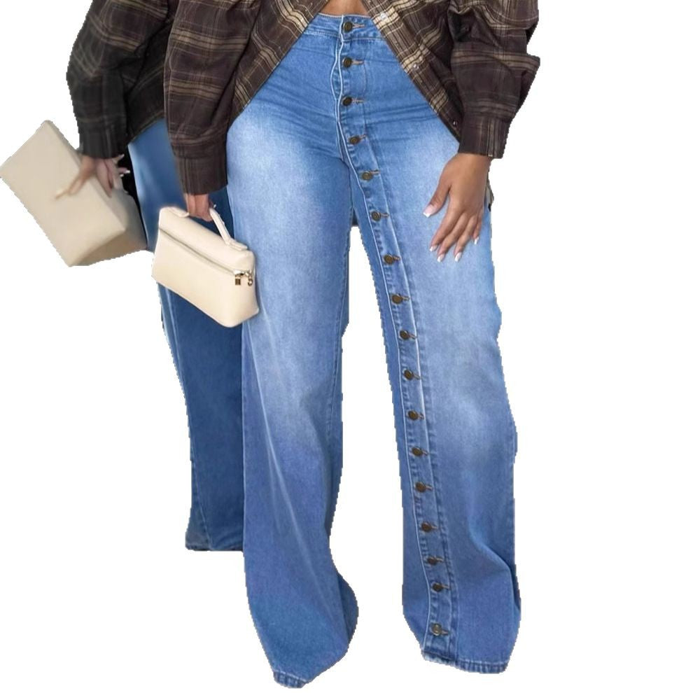 Jean droit multi-boutons robuste femme streetwear