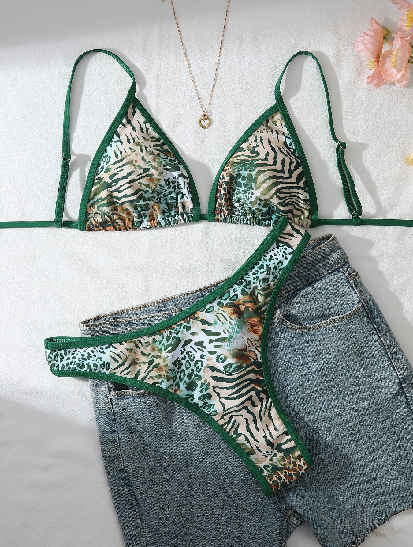 Green leopard print sexy bikini slimming two-piece swimsuit set