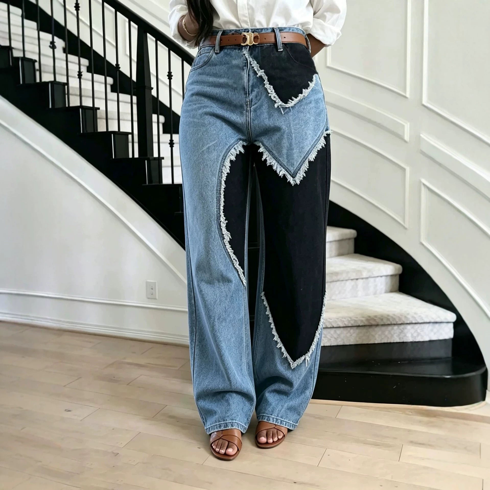 Unique Color Block Patchwork Heart Raw Hem Jeans