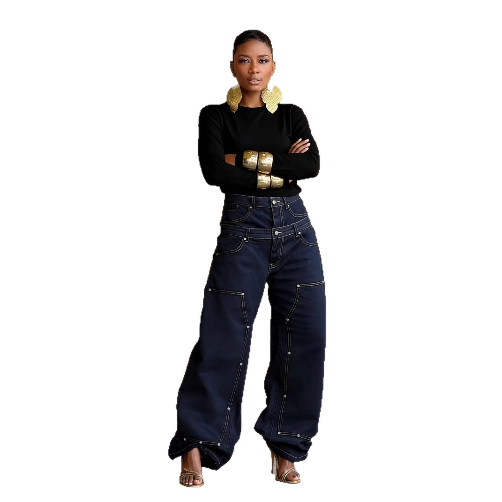 NewDouble Waistband Rivet Spliced Denim Pants