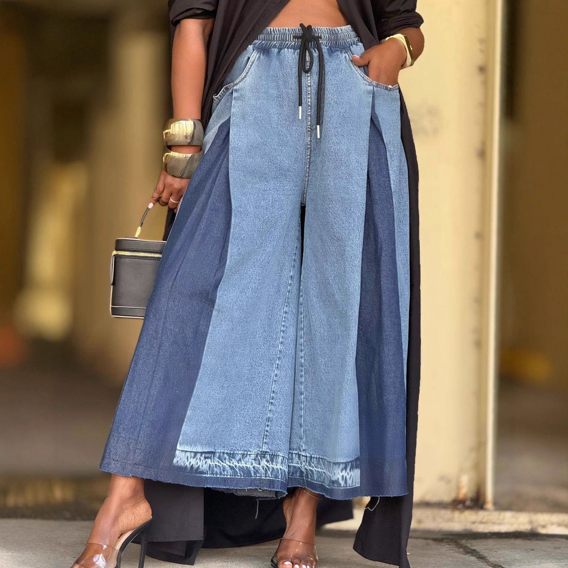 Jean large color-block élastique plissé crop femme