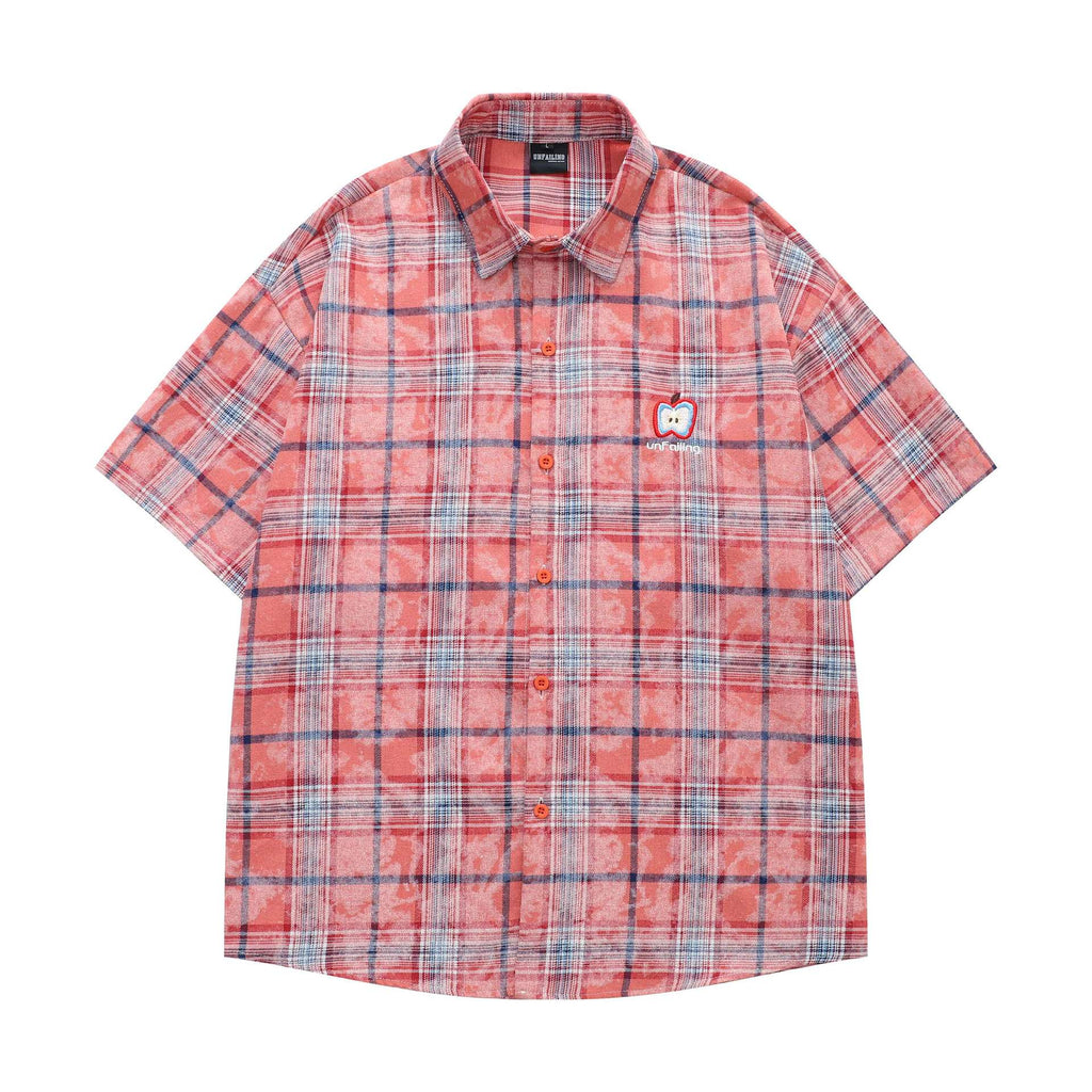Red checkered apple embroidery short sleeved shirt