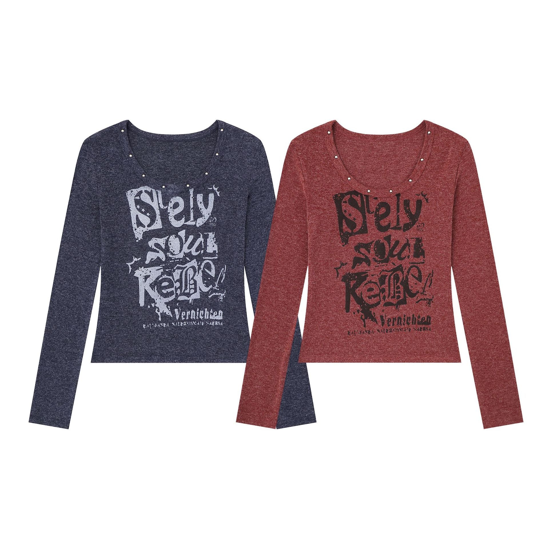 Crop top manches longues clous lettres col U femme