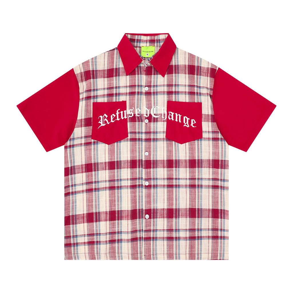 Alphabet Embroidered Checkered Splicing Short Sleeve
