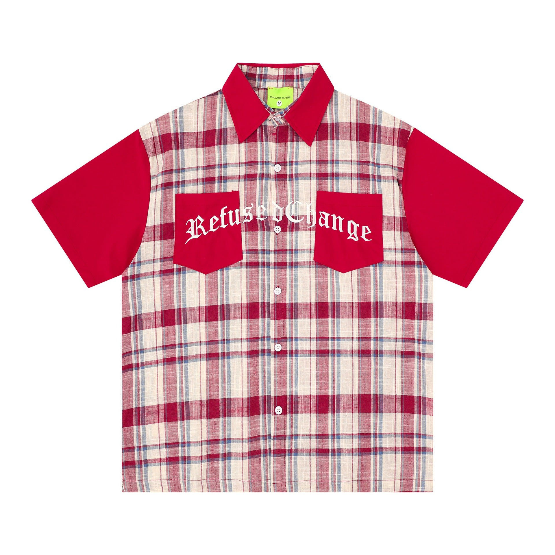 Alphabet Embroidered Checkered Splicing Short Sleeve