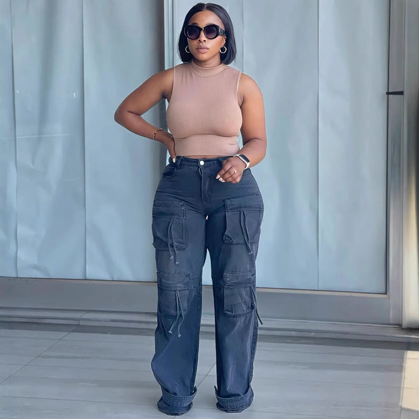 High-Waisted Women's Denim Pants, Fashionable Straight Leg Cargo Casual Trousers