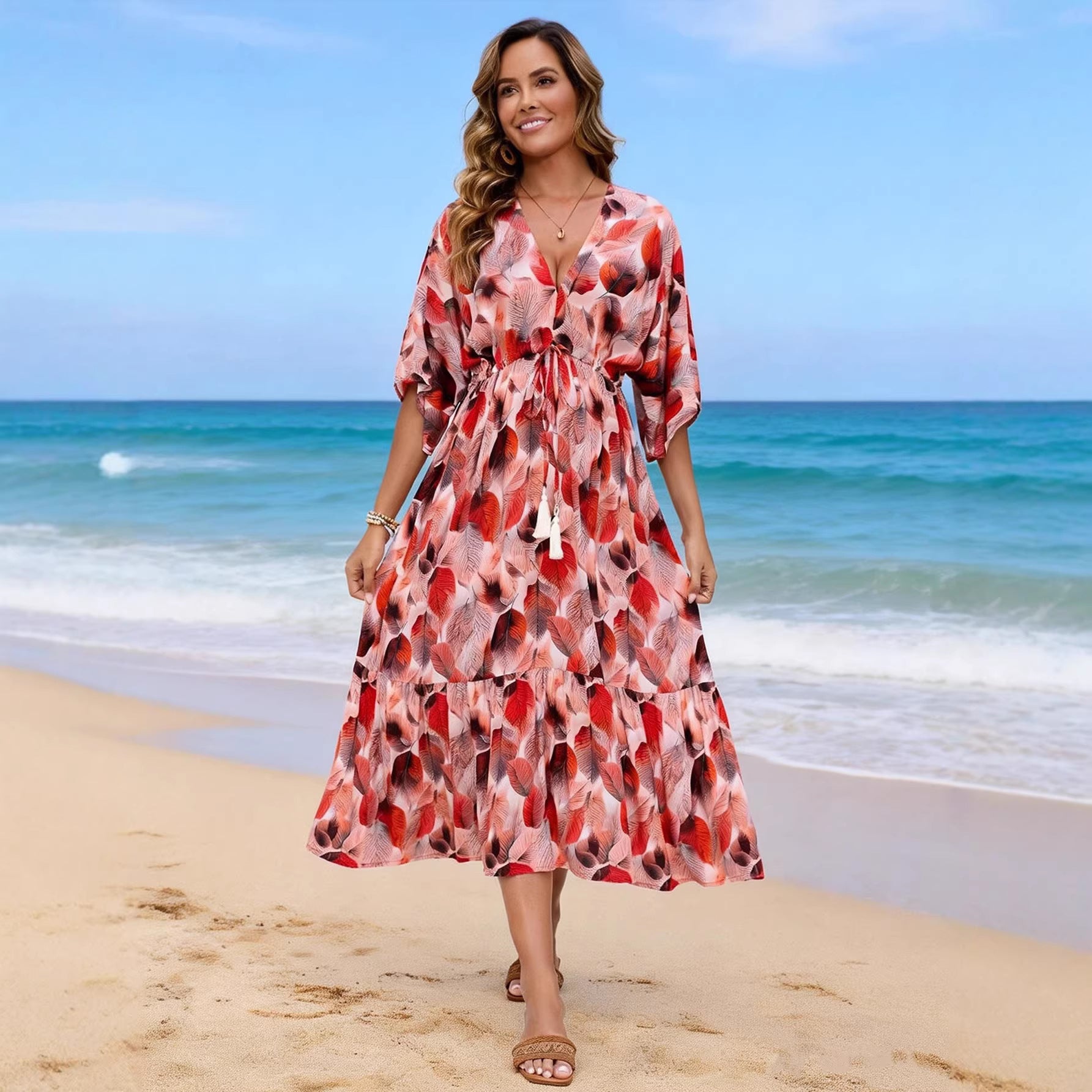 Drawstring waistband tassel mid length dress