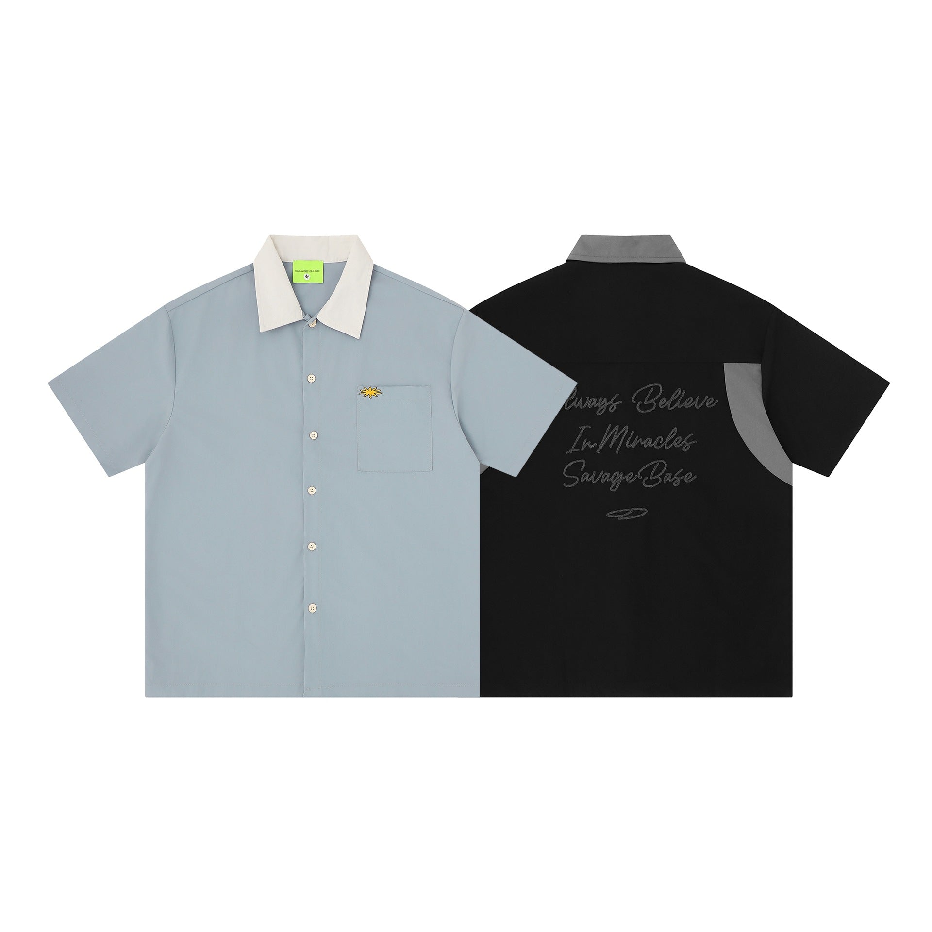 Embroidered letters contrasting colors short sleeves