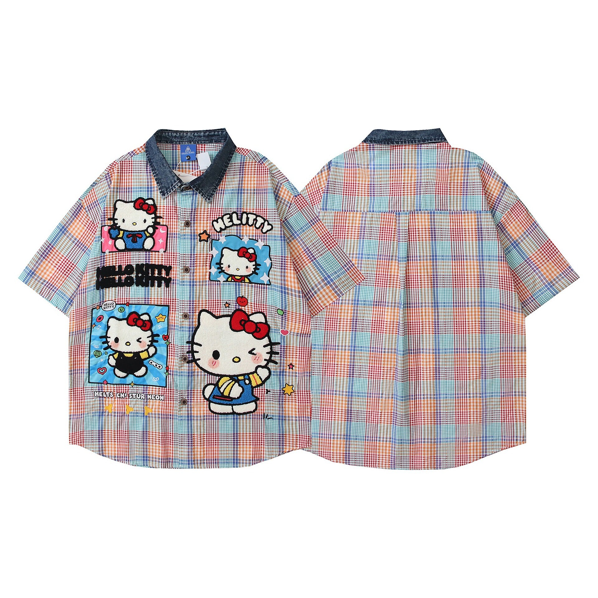 Kitty plaid embroidered short sleeved shirt