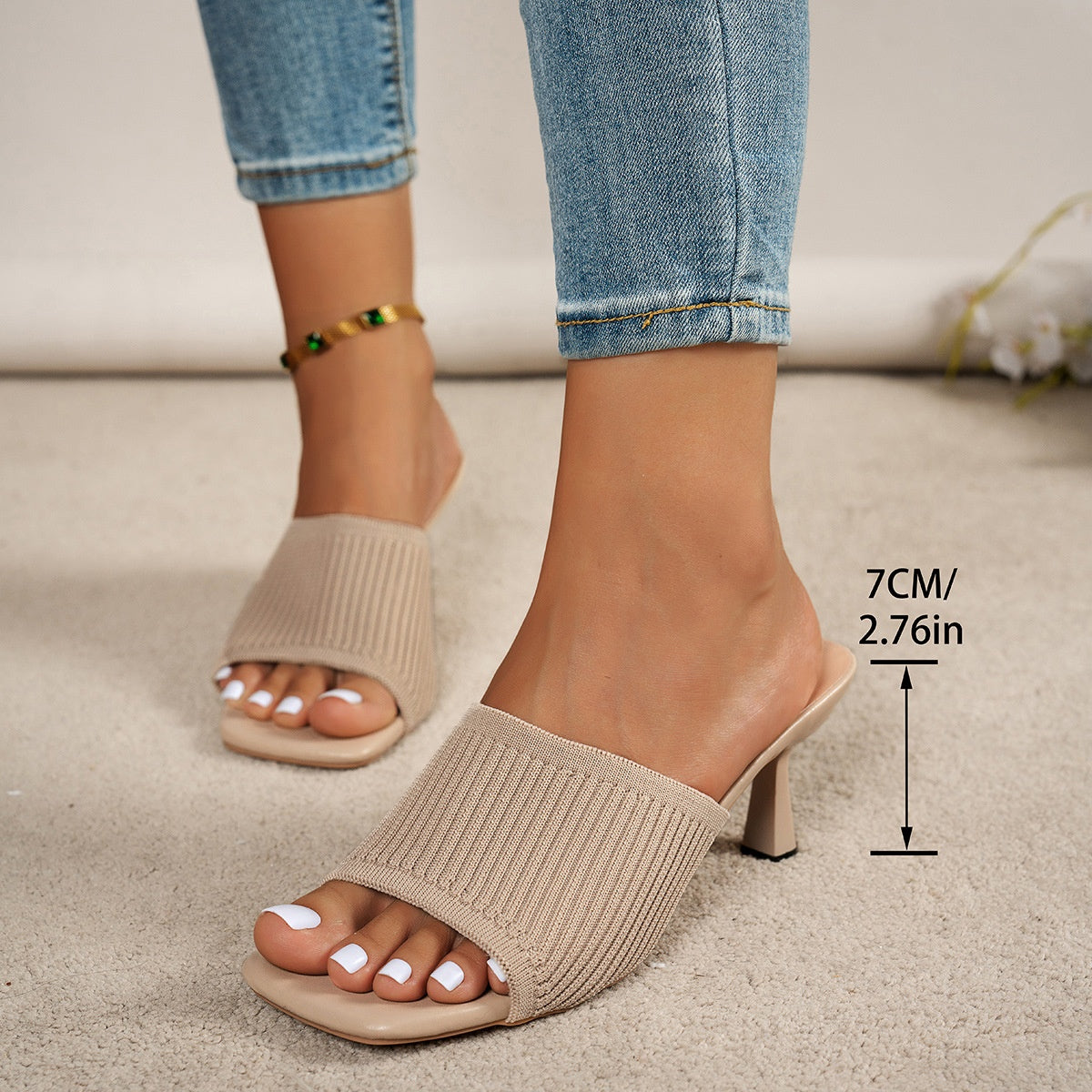 European and American Style Women's Large Size High Heel Sandals Pure Color Thick Heel Square Toe Knitted Wide Strap One-Word Sandals