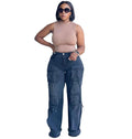 High-Waisted Women's Denim Pants, Fashionable Straight Leg Cargo Casual Trousers