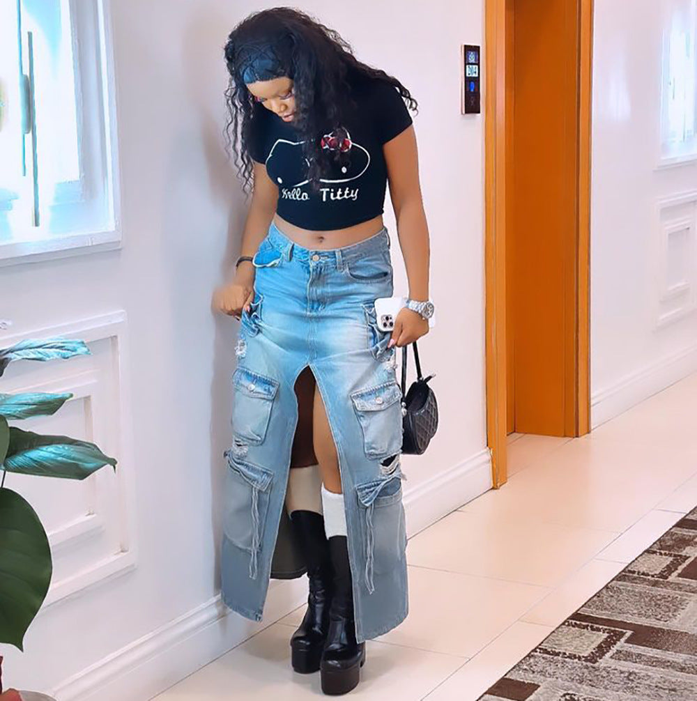 Women's High-Waisted Denim Skirt with Slit Multiple PocketsFashionable and Stylish Casual Midi Skirt