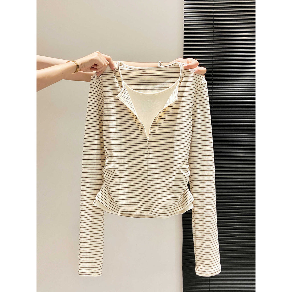 Slim Fit Pleated Mock Two-Piece Long Sleeve T-Shirt