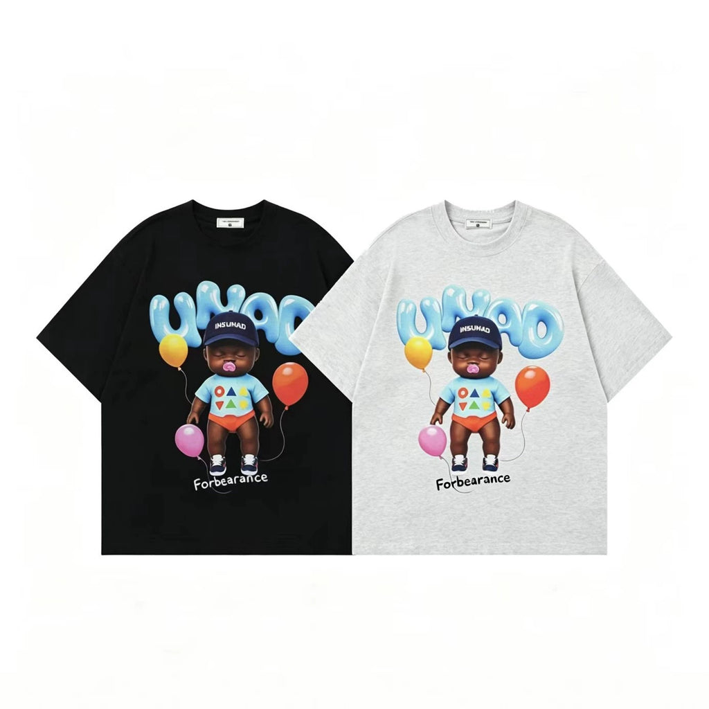 Black leather doll printed short sleeved shirt