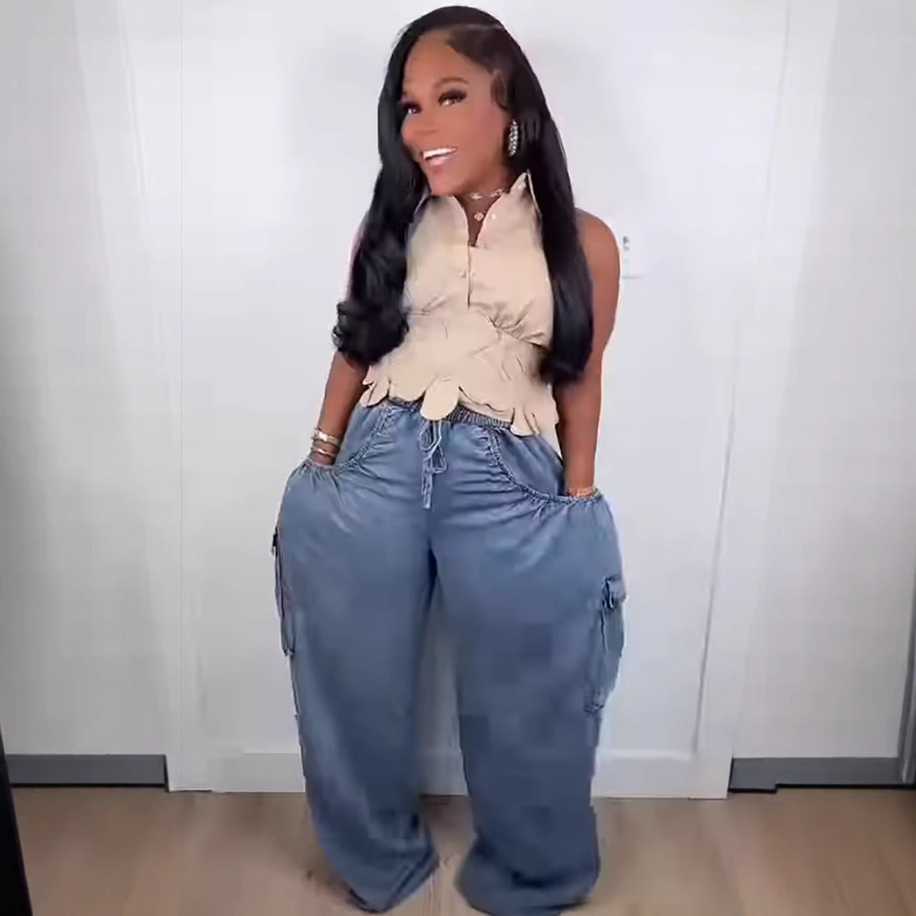Jean droit taille élastique multi-poches femme casual