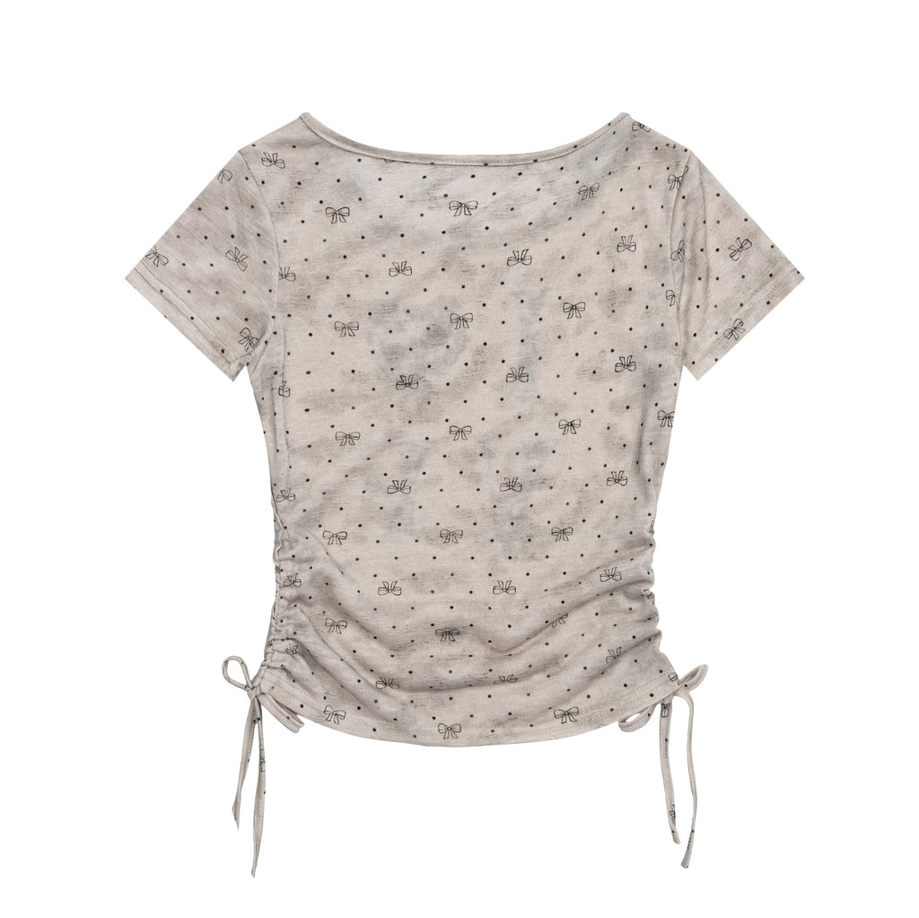 Polka Dot Heart Letter Drawstring Short Sleeve T-Shirt for Women, Vintage Dye Slim Fit Crop Top