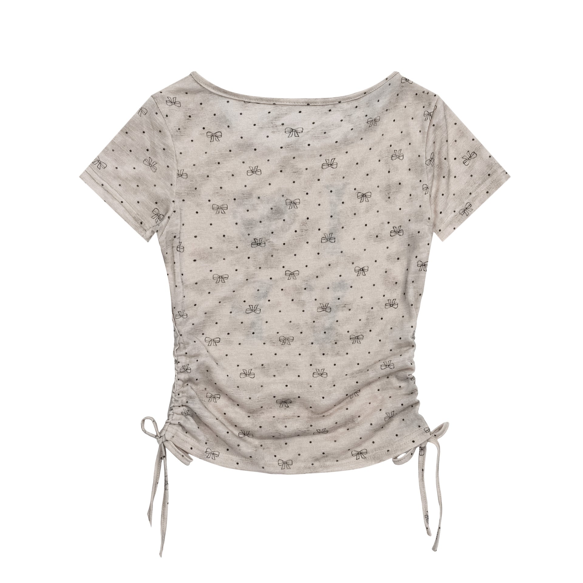 Polka Dot Heart Letter Drawstring Short Sleeve T-Shirt for Women, Vintage Dye Slim Fit Crop Top