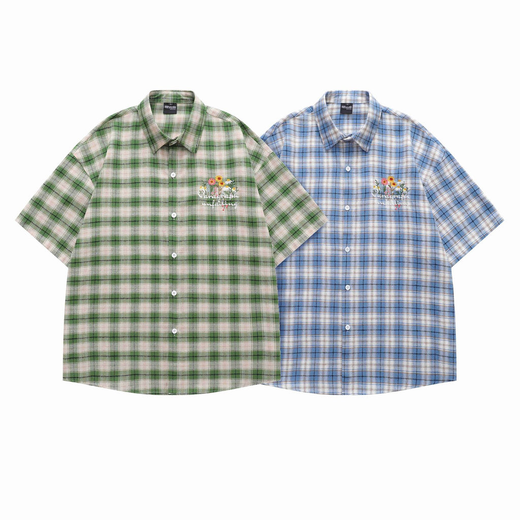 Plaid embroidered short sleeved shirt