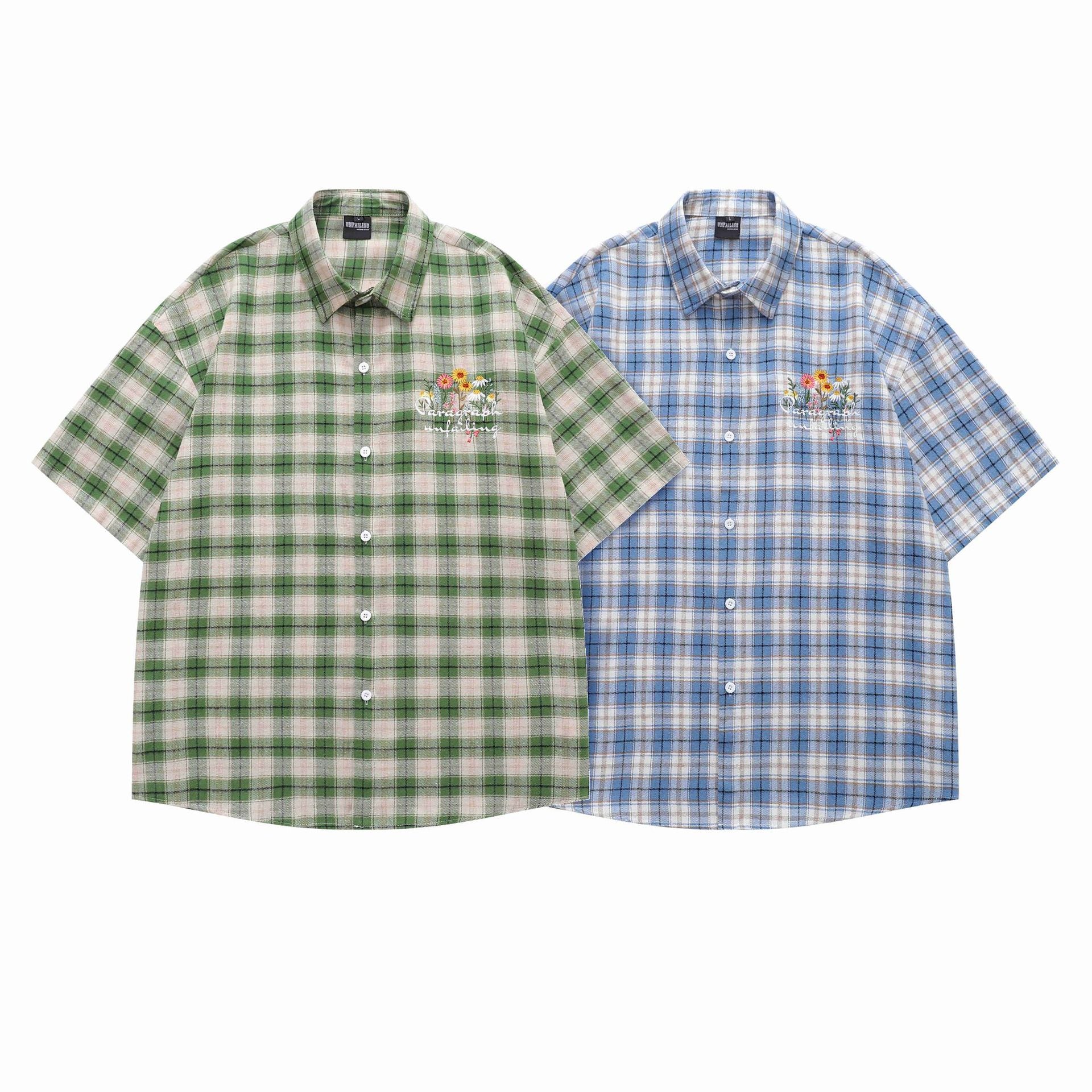 Plaid embroidered short sleeved shirt