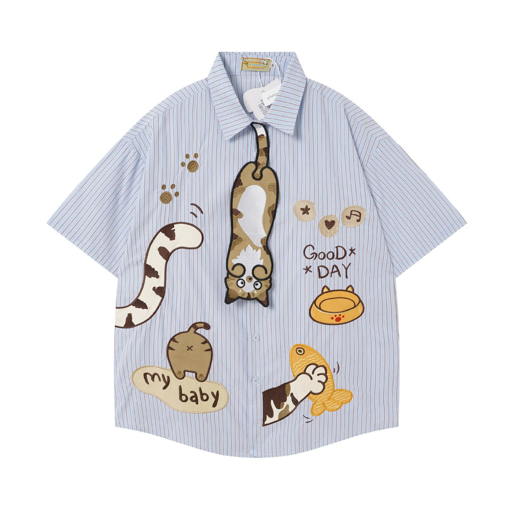 Cat Fishing Embroidered Short Sleeve