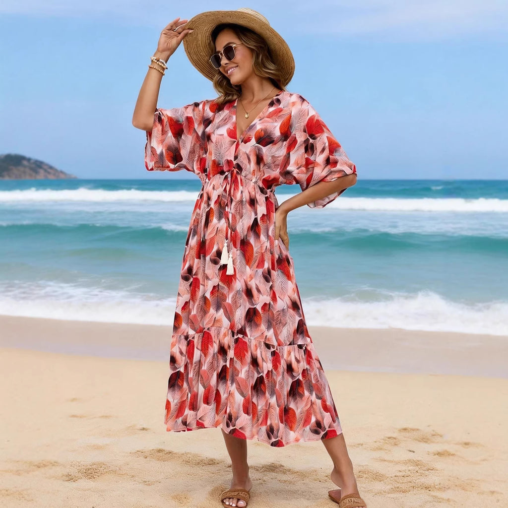 Drawstring waistband tassel mid length dress