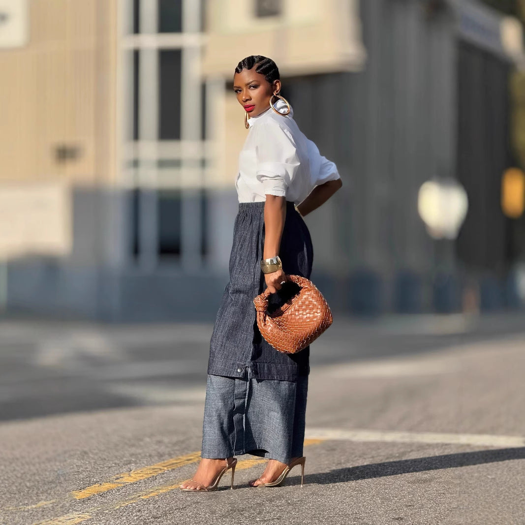 Street Style Patchwork Color-Blocking Wide-Leg Jeans