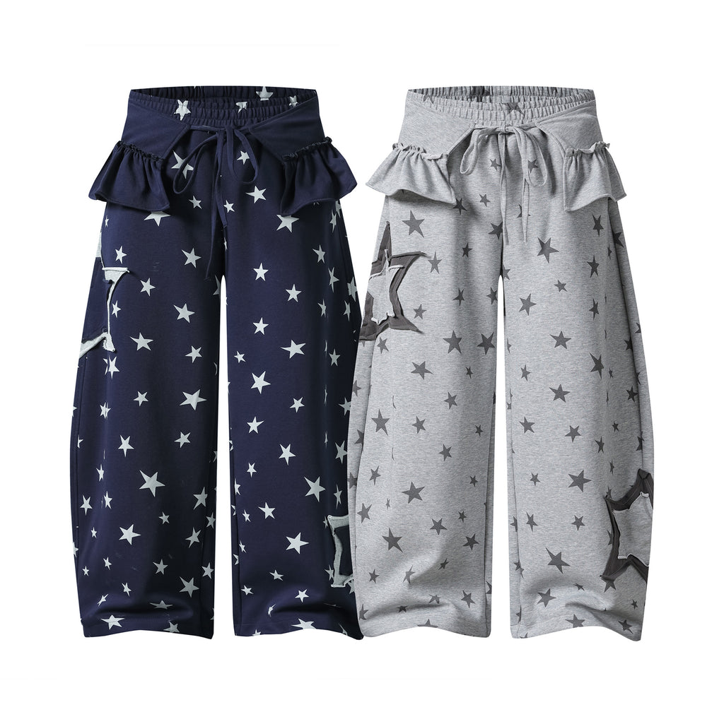 Design Leaf Hem Waist Star Print Sweatpants Loose Wide Leg Casual Long Pants